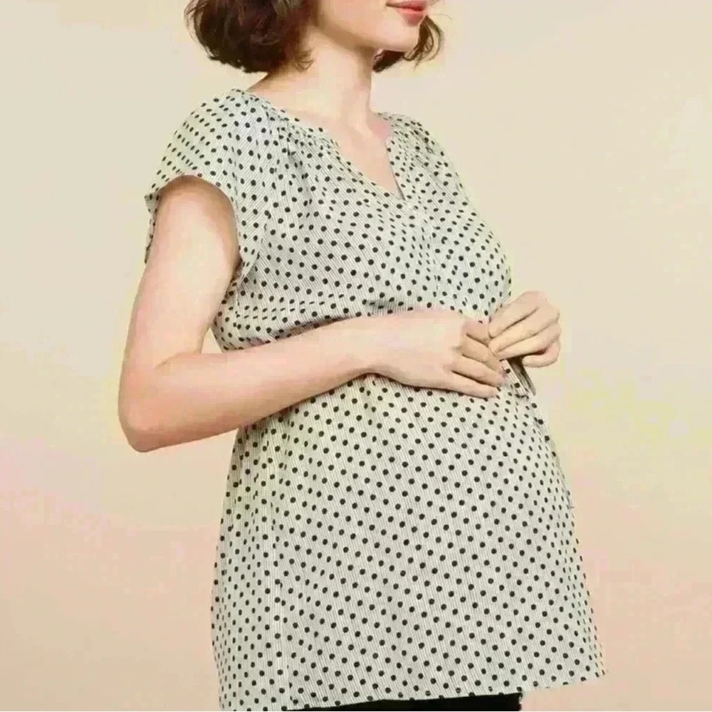 Motherhood Maternity Short Sleeve Shirt Black White Polka Dot Tunic Top Size XS